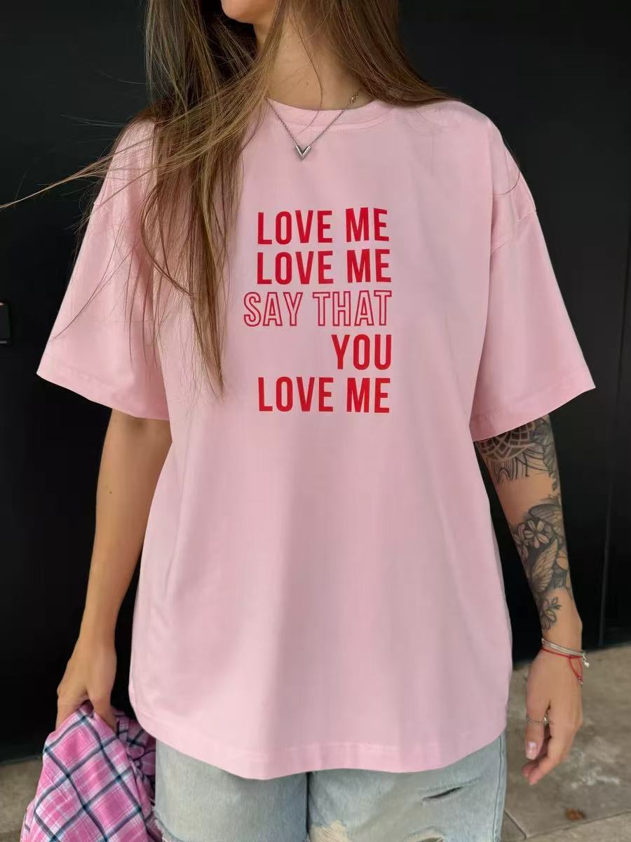 Harajuku Round Neck Short Sleeve T-Shirt for Women — Pink Cotton Loose Fit Harajuku Style