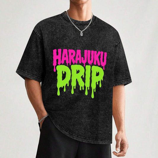 Harajuku Drip Vintage Wash Off Shoulder T-Shirt