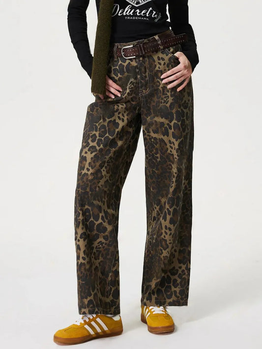 Retro Leopard Print Straight Leg Denim Pants