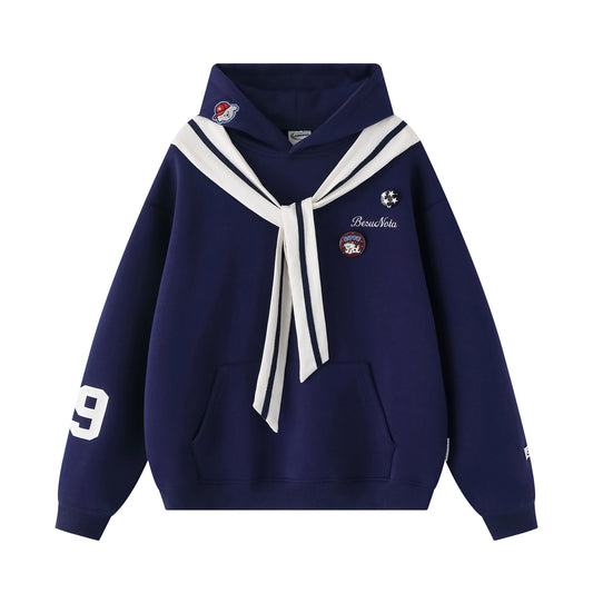 Embroidered Dog Patch Sailor Collar Hoodie