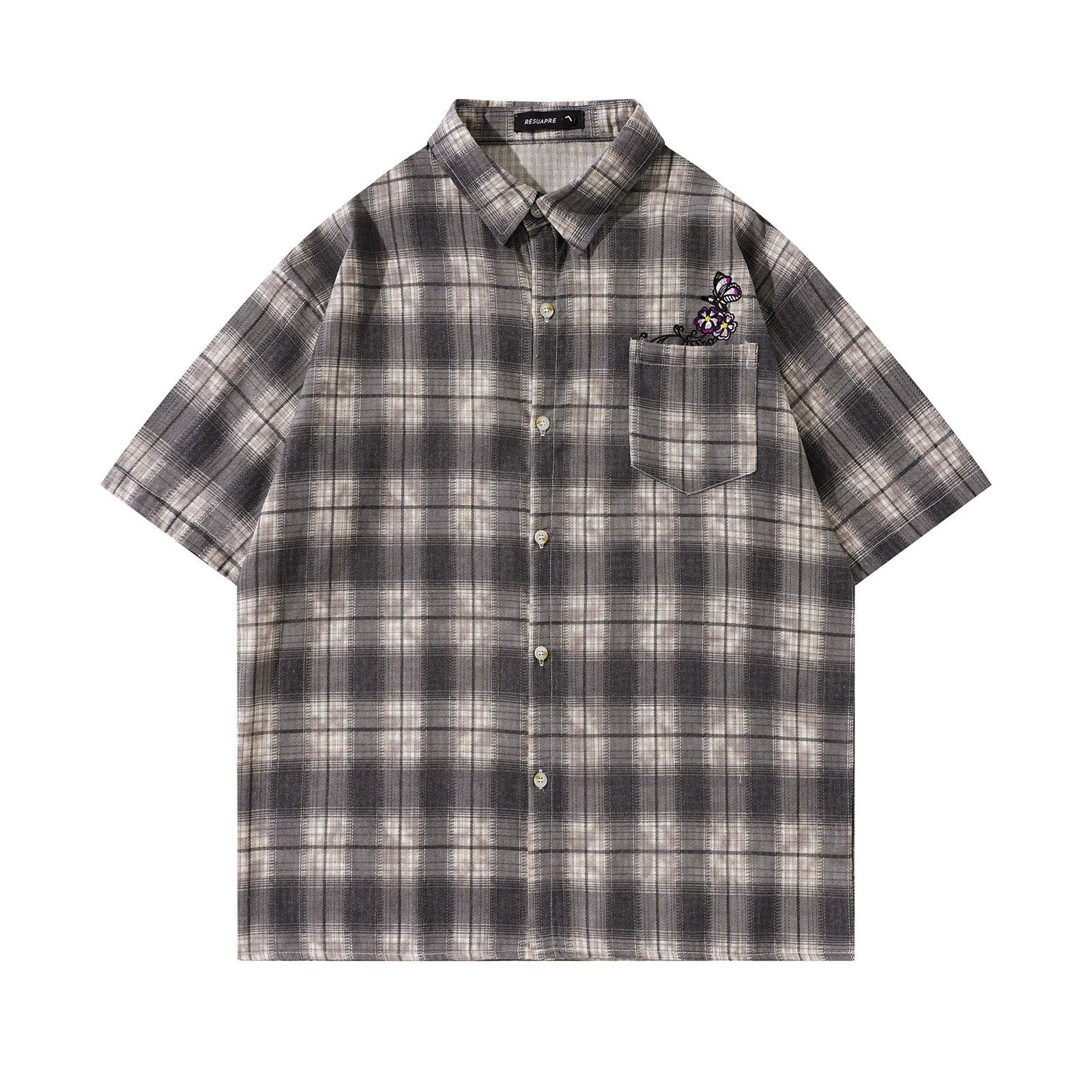 Retro Butterfly Embroidery Casual Plaid Shirt