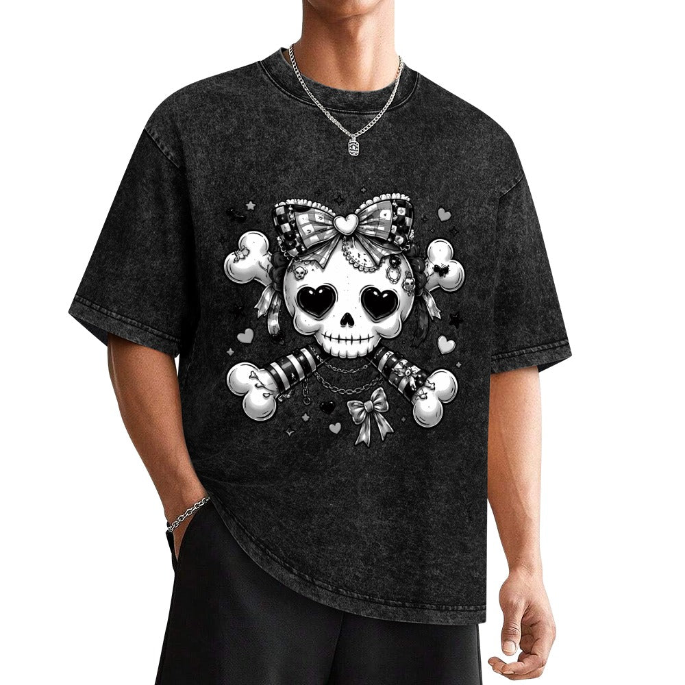 Harajuku Skull and Crossbones Hot Vintage Wash Off Shoulder Short-Sleeved T-Shirt