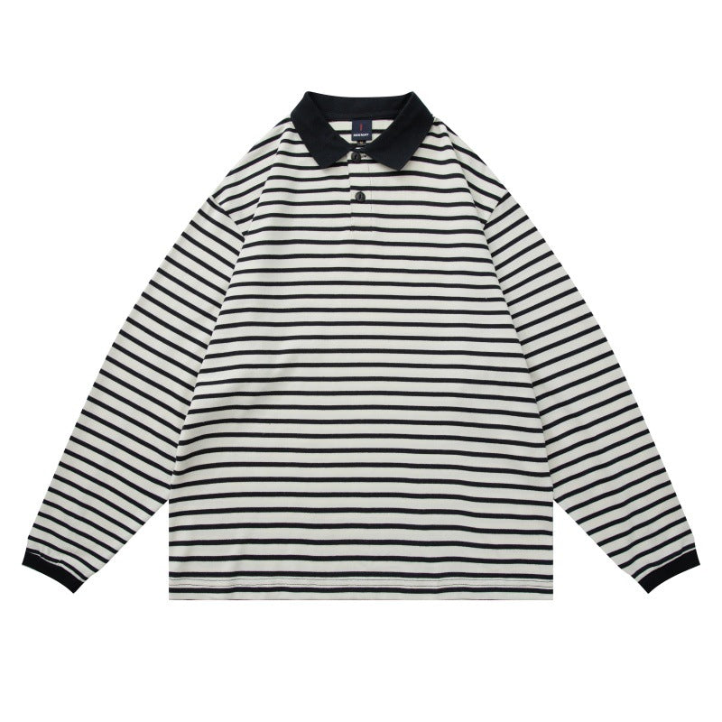 Casual Stripe Polo Shirt for Men - Loose Fit Long Sleeve T-Shirt