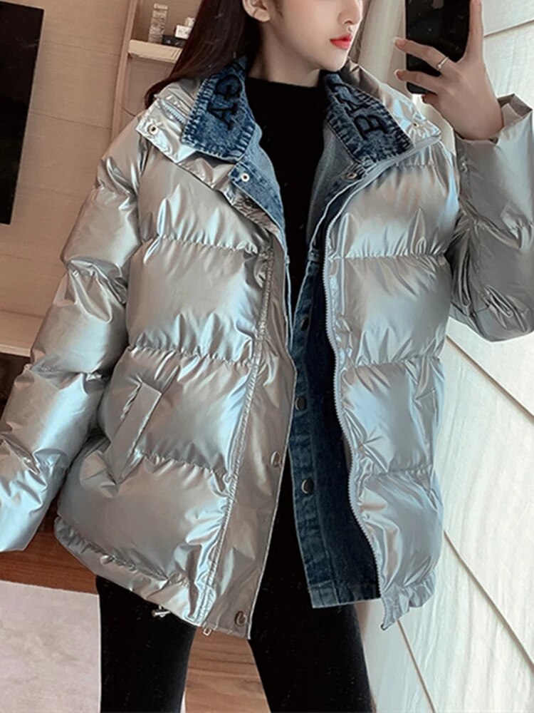 Loose Fit Denim Stitching Down Jacket for Women
