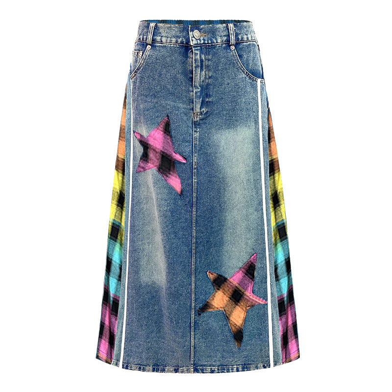 Retro Plaid High Waisted Denim Skirt - Harajuku Style