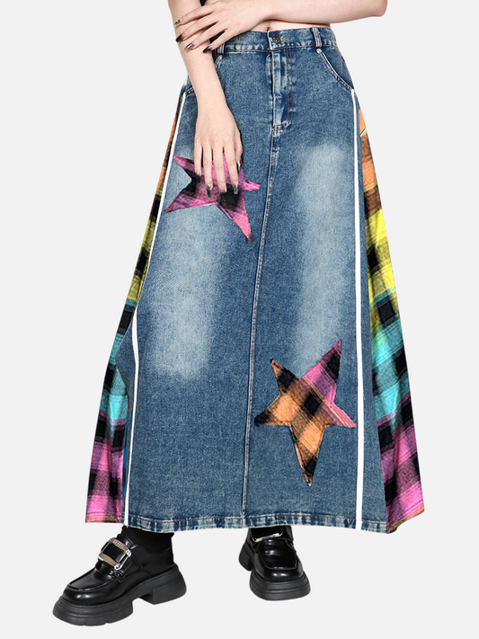 Retro Plaid High Waisted Denim Skirt - Harajuku Style
