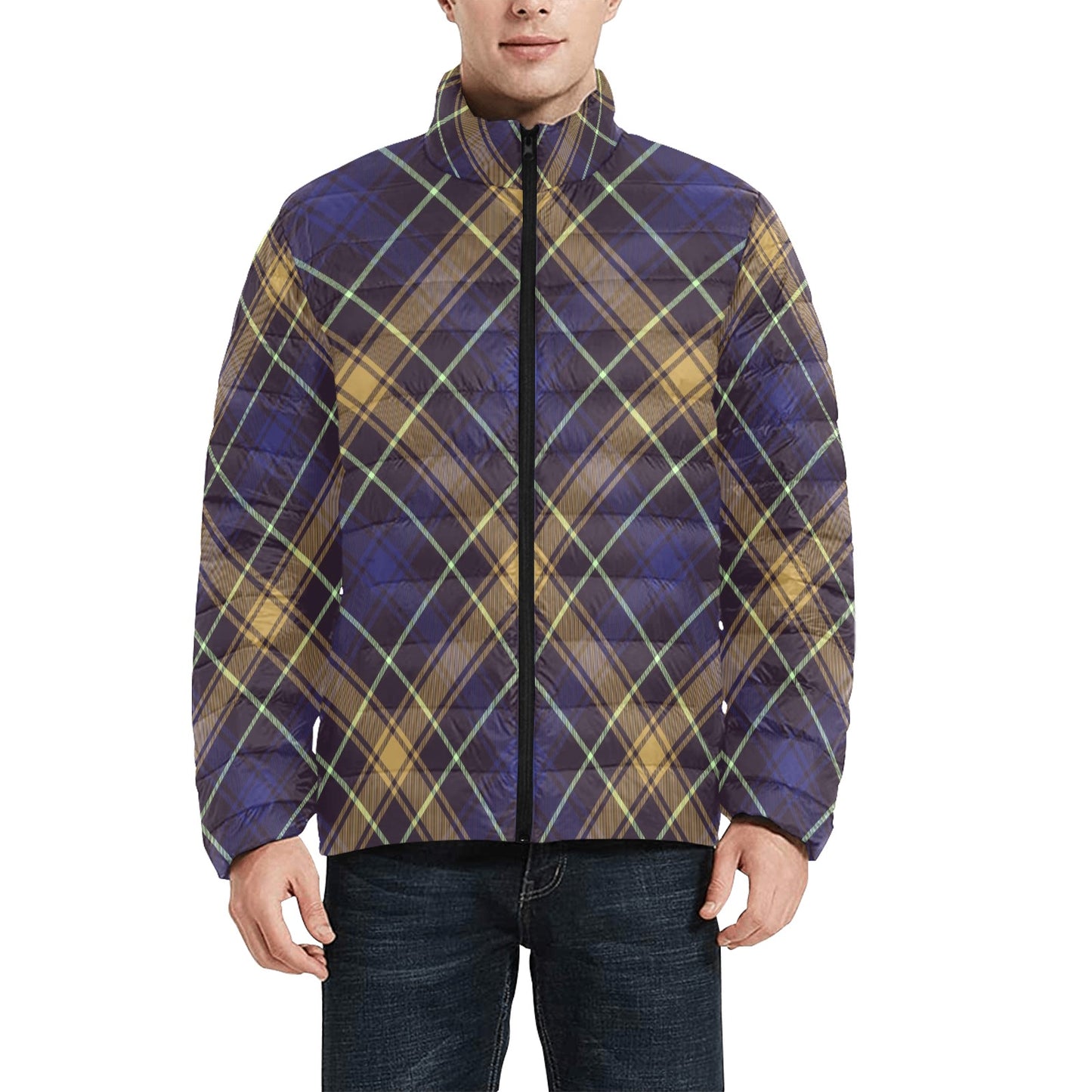 Dark Blue Plaid Men's Lightweight Bomber Jacket