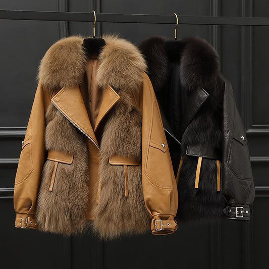 Faux Fox Fur Leather Jacket - Harajuku Style