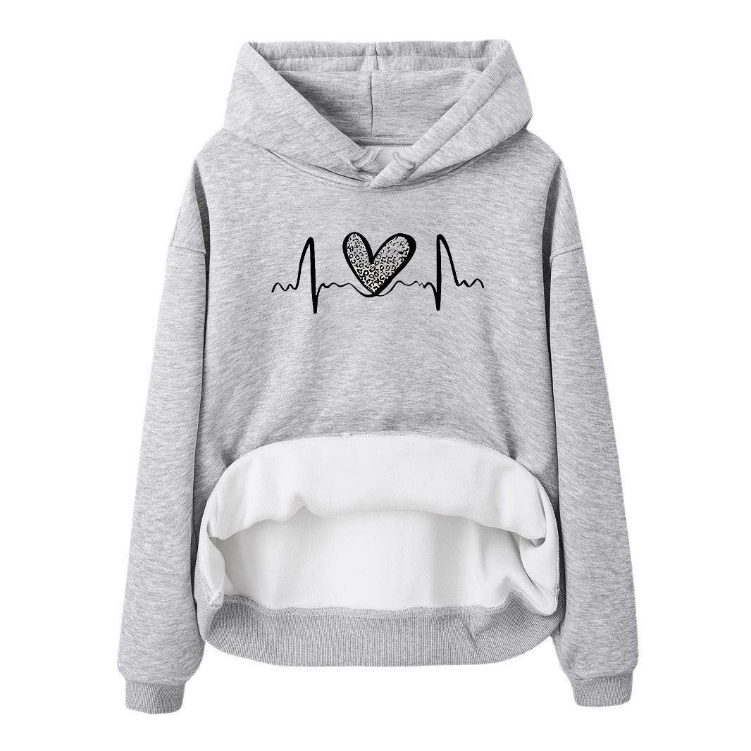 Pocket Hooded Long Sleeved Fleece Sweatshirt with Leopard Print Heart Design