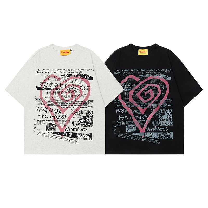 Street Heart Print Loose Short Sleeve T-Shirt for Women and Men Summer Couple Round Neck Oversize Top