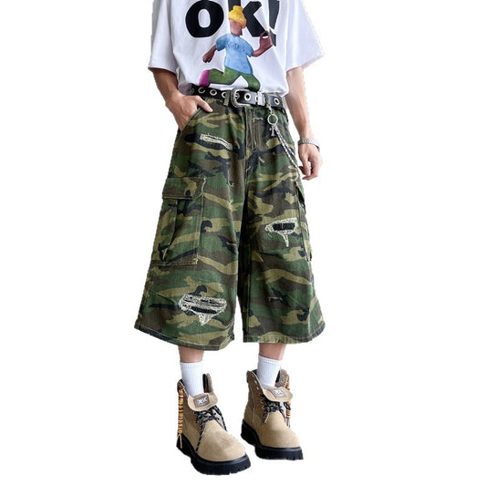 Camouflage Ripped Workwear Denim Cropped Pants