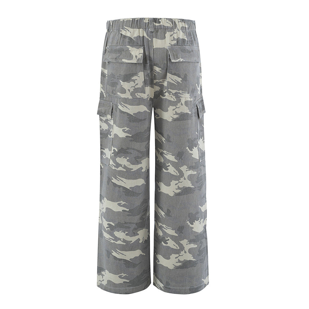 Harajuku Camouflage Wide-Leg Denim Trousers for Men