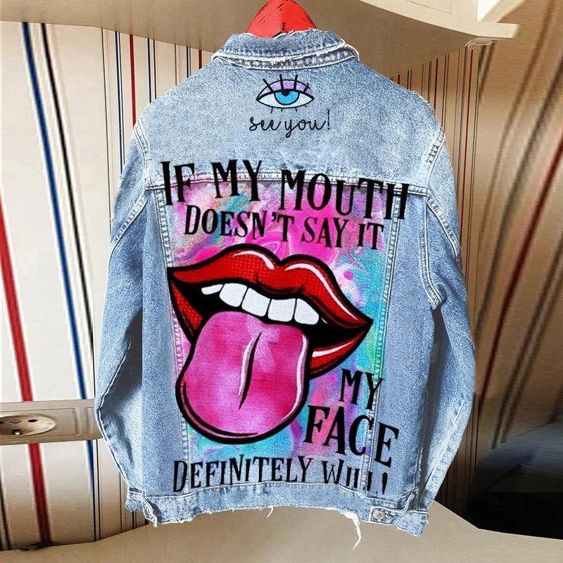 Playful Denim Jacket with Tongue Out Print