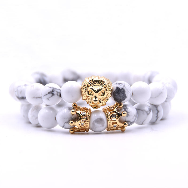 King Lion Couple Bracelet with Natural Stone Beads