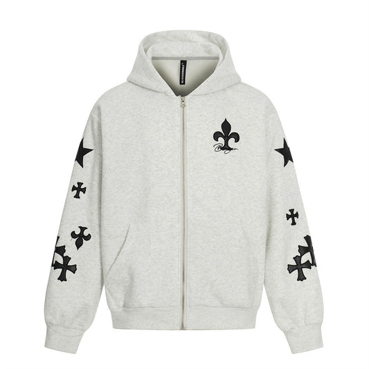 Cross Leather Patches Embroidered Hoodie