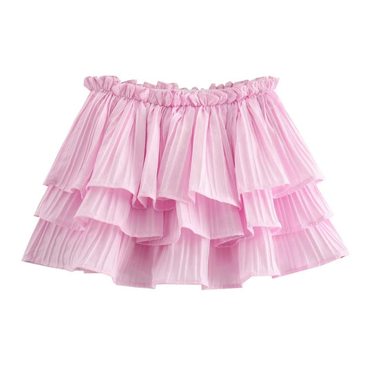 Sweet and Fresh Pink Layered Half Skirt with Elastic Waist for Women