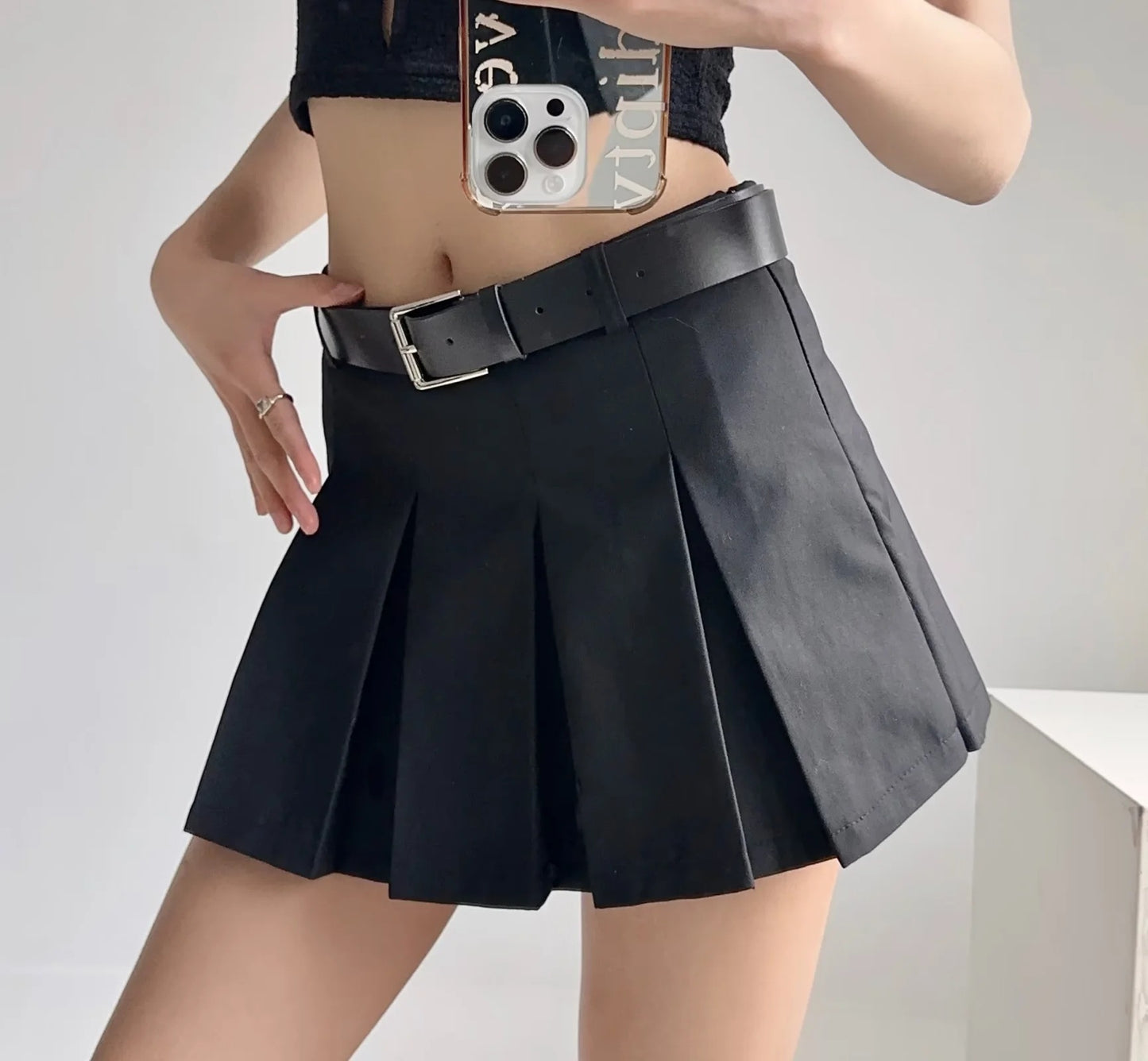 Pleated Mini Skirt with Waist Belt
