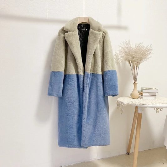 Mid-Length Mink Velvet Faux Fur Coat with Furry Collar