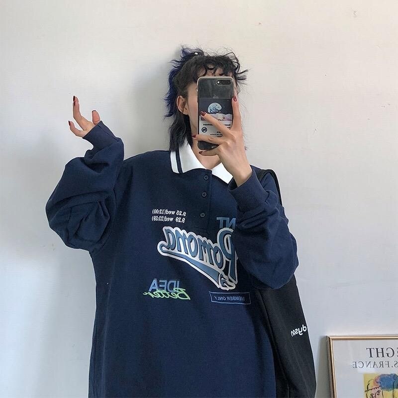 Playful Vintage Polo Collar Oversized Hoodie for Women