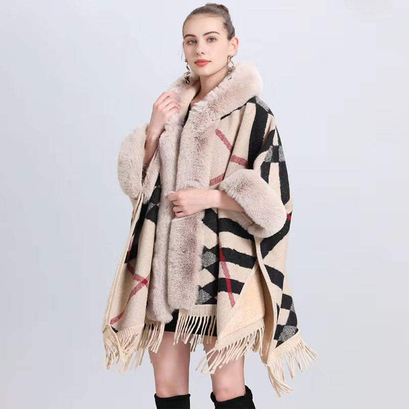 Poncho with Fleece Lining - Thick Knitted Hooded Shawl Featuring Fur Collar and Tassels