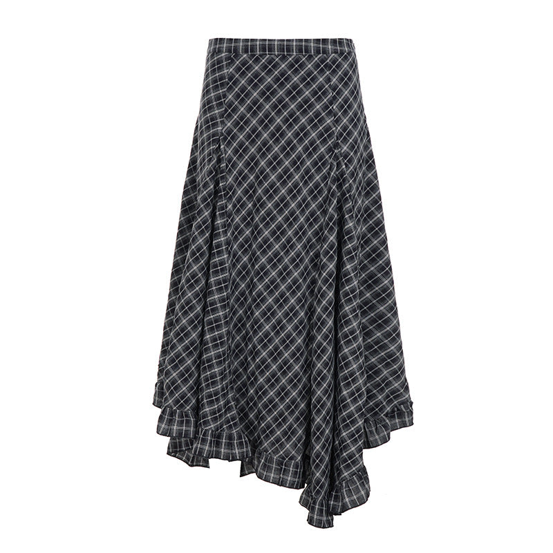 British College Style Irregular Plaid Skirt Hem Low Waist Vintage A-line Midi Skirt for Campus Girls with Slimming Fit