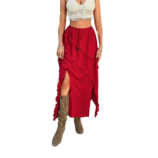 Harajuku Style Solid Color Lace Tied Waist Mid Length Skirt