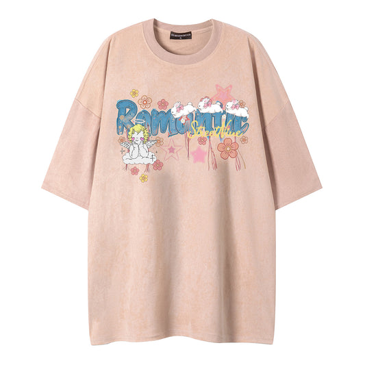 Romantic Angel Printed Short Sleeve — Harajuku Style Pink & Gray Cotton Blend Tee