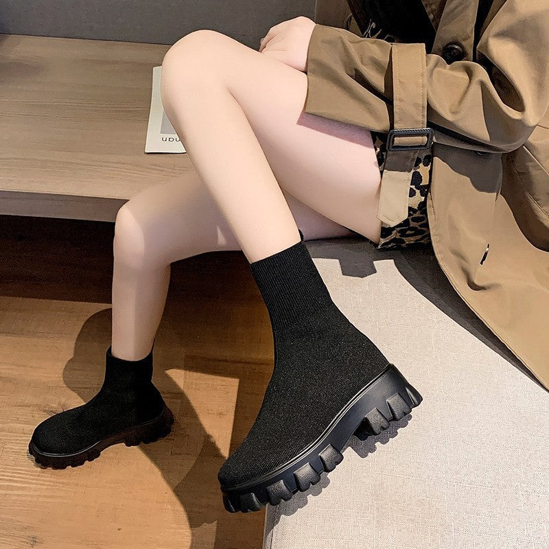 Large Size Thick Heel Black Boots - Flying Woven Casual Mid-Calf Black Boots