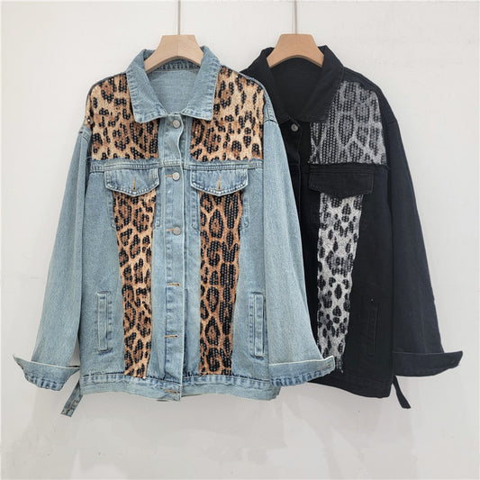 Retro Leopard Print Sequin Denim Jacket