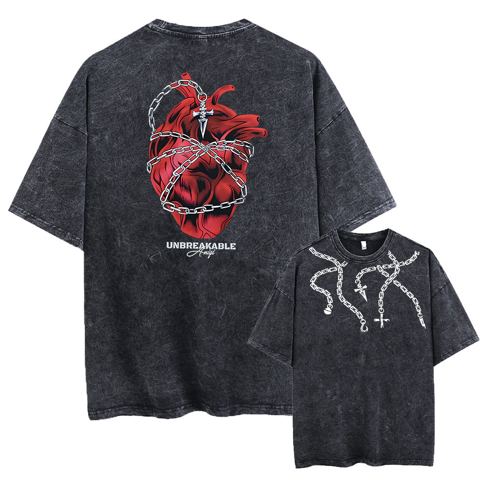 Printed Retro Washed Cotton T-Shirt Clothing