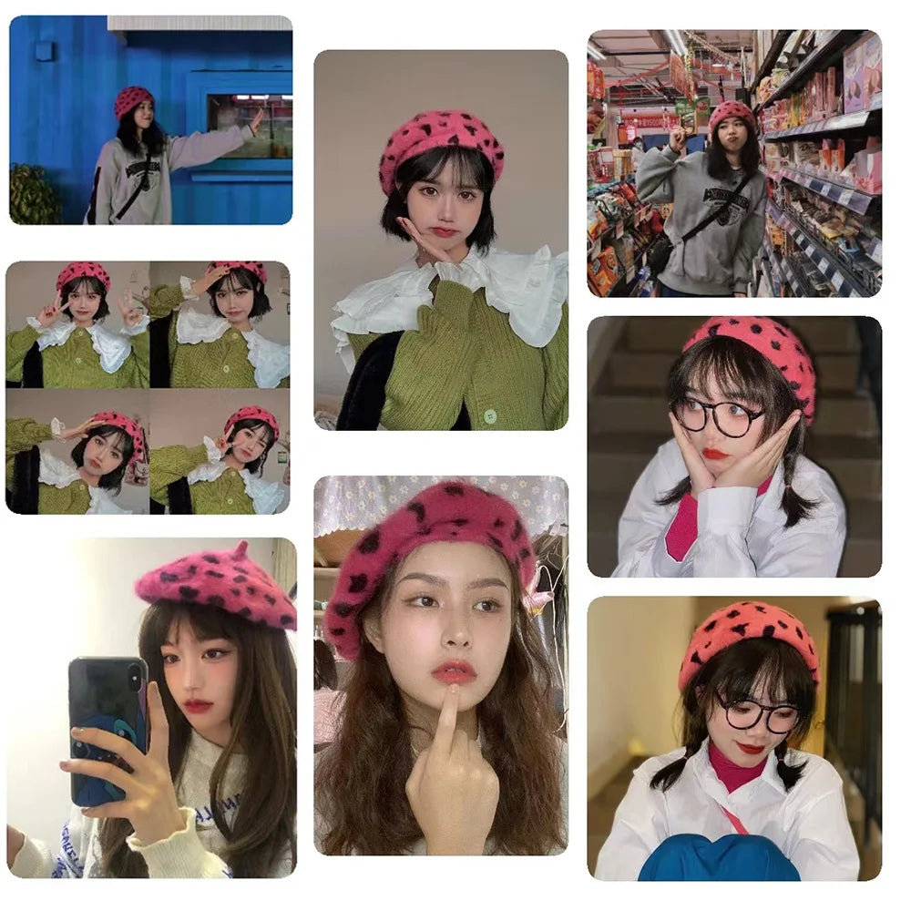 Elegant Rabbit Fur Spotted Leopard Beret for Women