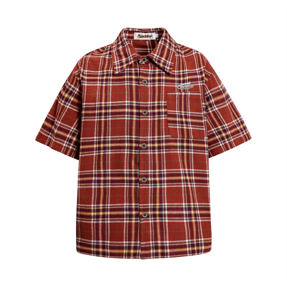 Loose Plaid Short Sleeved Shirt — Harajuku Street Plaid Shirt (Blue/Red)