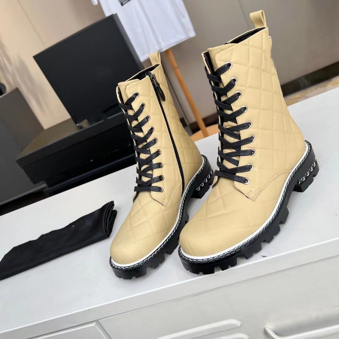Harajuku Style Real Leather Low Heel Boots in Silvery Yellow