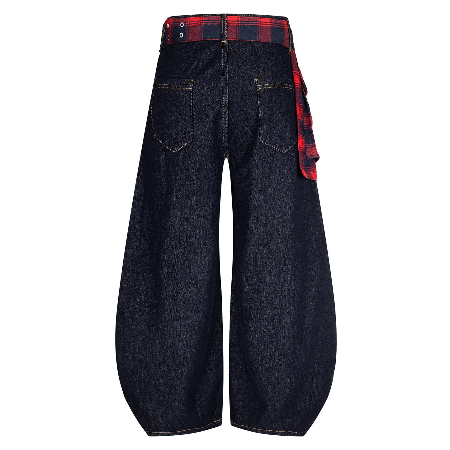 Checkered Patchwork Denim Wide Leg Pants