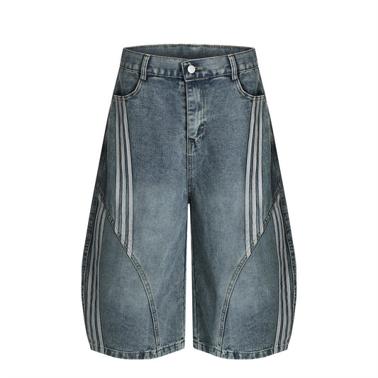 Three-Stripe Curved Knife Denim Shorts - Harajuku Style