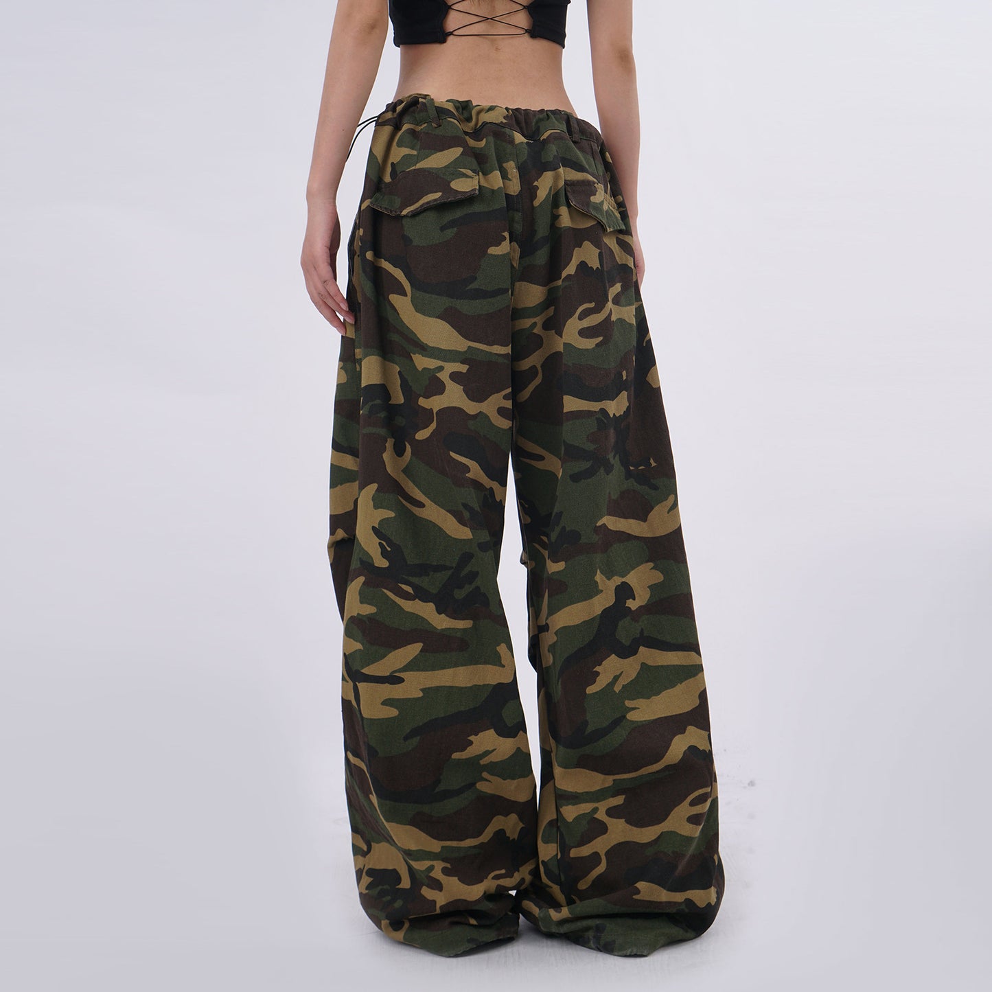 Harajuku Style Retro Camouflage Drawstring Paratrooper Pants for Women