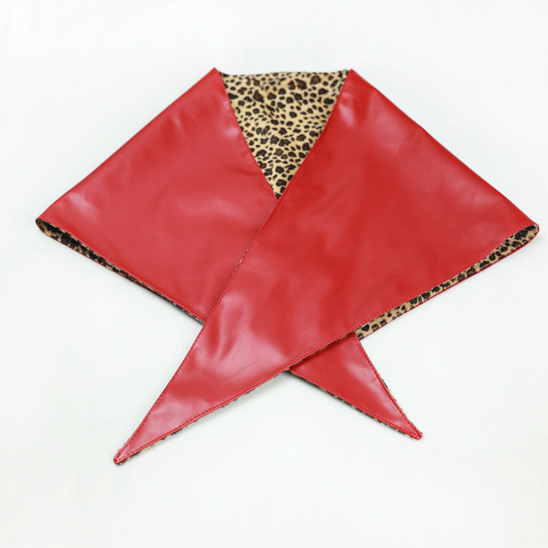 Double-Sided Leopard Print & Leather Triangular Scarf with Headband