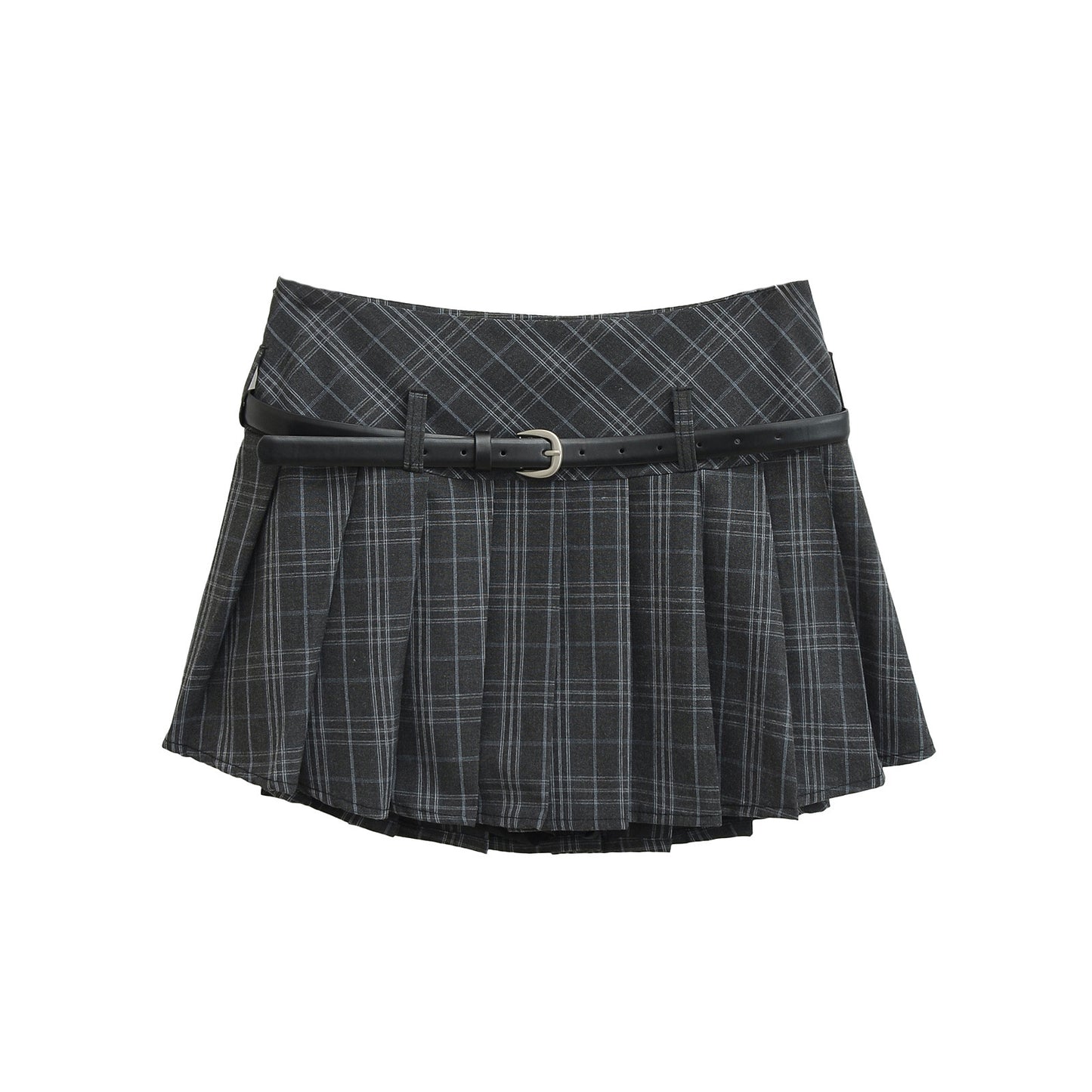 High Waist Slimming Small Plaid Belt Pleated Short Skirt