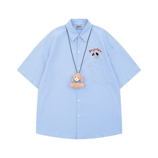 Cartoon Embroidery Short Sleeve Shirt with Bear Pendant