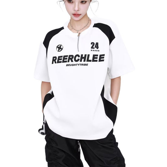 Black and White Spliced Letter Half-Zipper Motorcycle Shirt