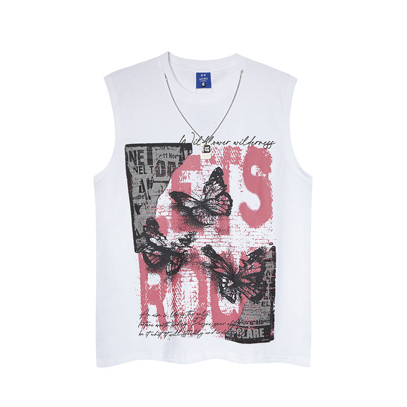 Butterfly Letter Print Design Necklace Sleeveless Vest Shirt
