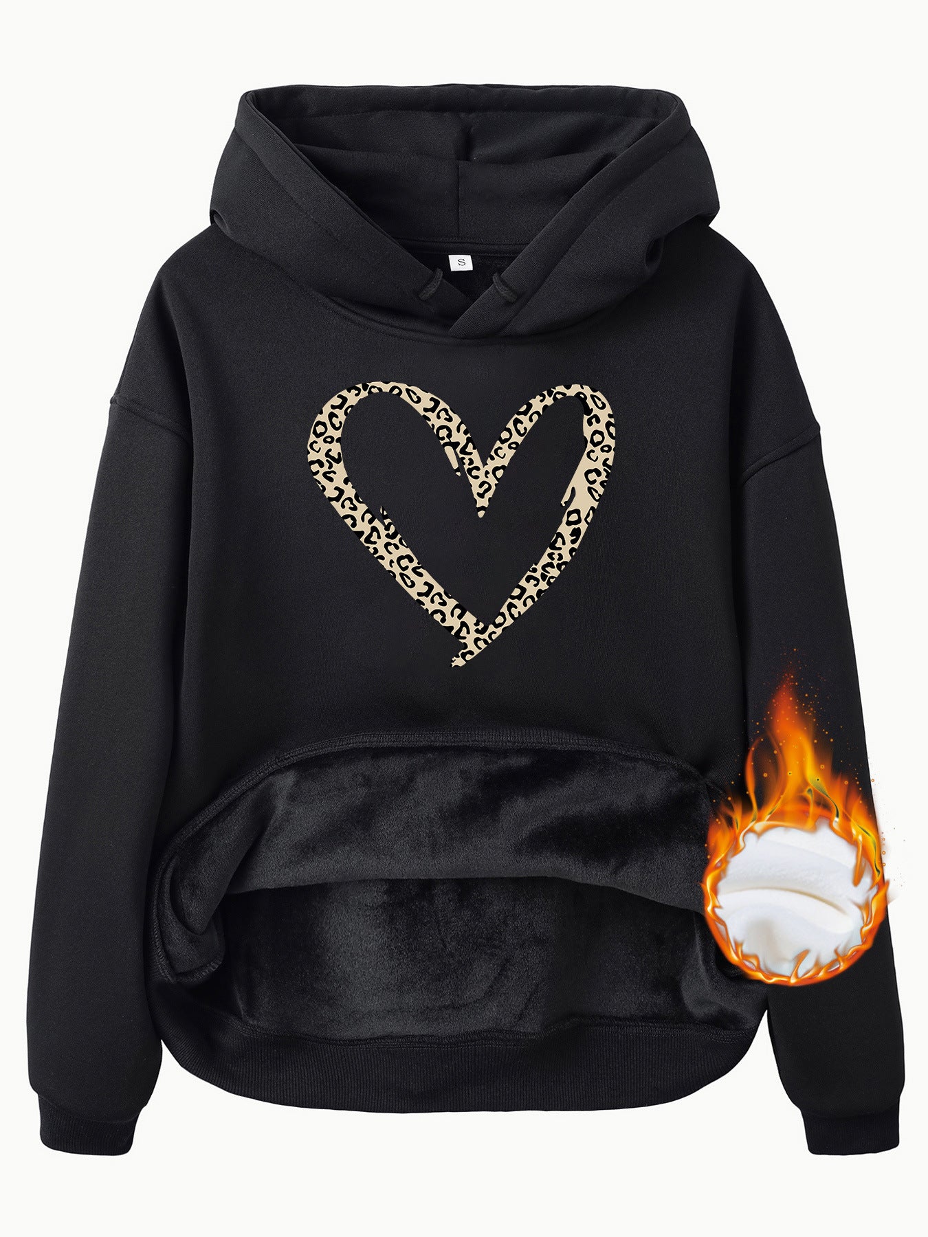 Hooded Long Sleeve Fleece Hoodie with Kangaroo Pocket and Heart-Shaped Print