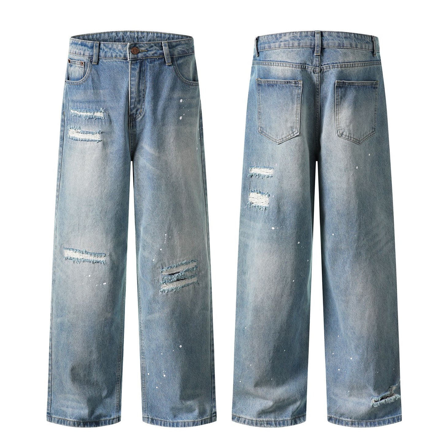 Washed Patch Cat Whisker Splatter Ink Design Jeans