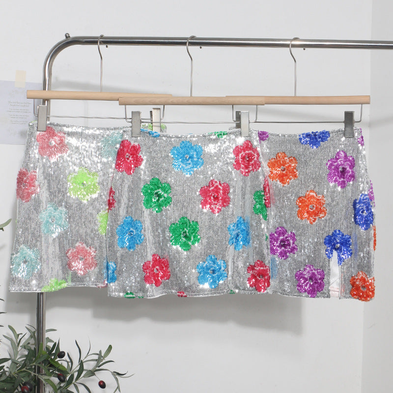 Retro Sparkling Flower Sequin Mini Skirt