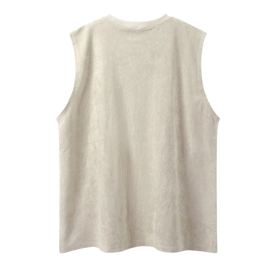 Coastal Graffiti Printed Vest — Loose-Fit Retro Cotton Blend (Pink, Apricot, Grey)