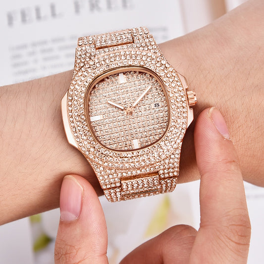 Luxury Diamond Men's Quartz Watch - Gold Stainless Steel