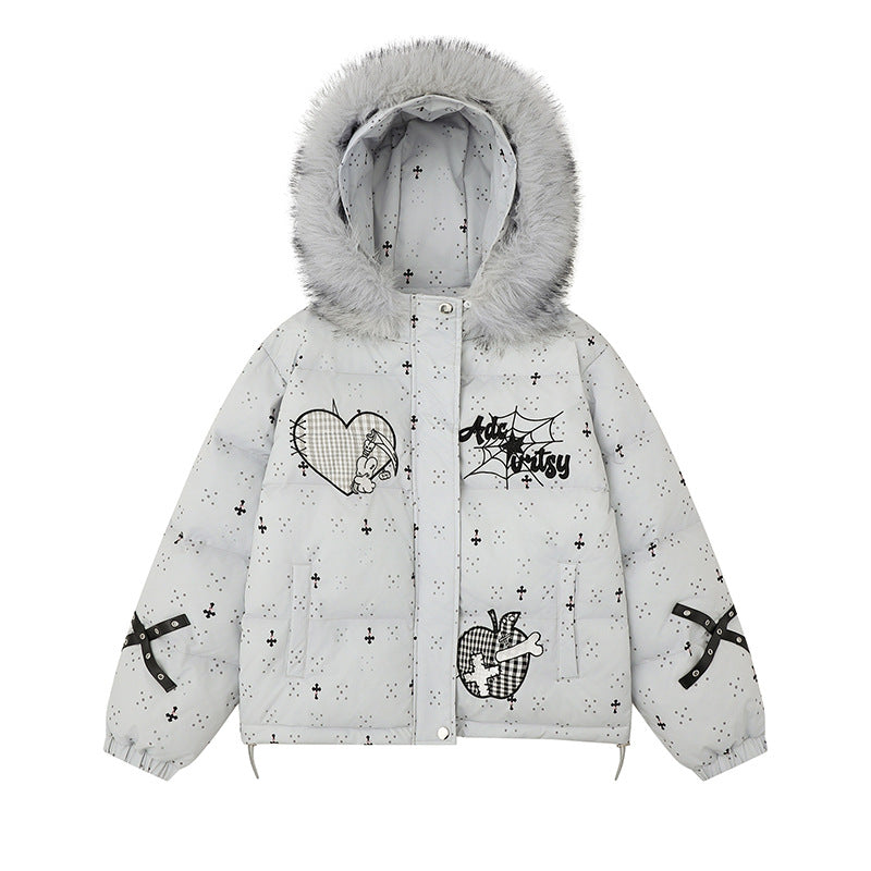 Spiderweb Cotton Coat - Detachable Hooded Fur Collar