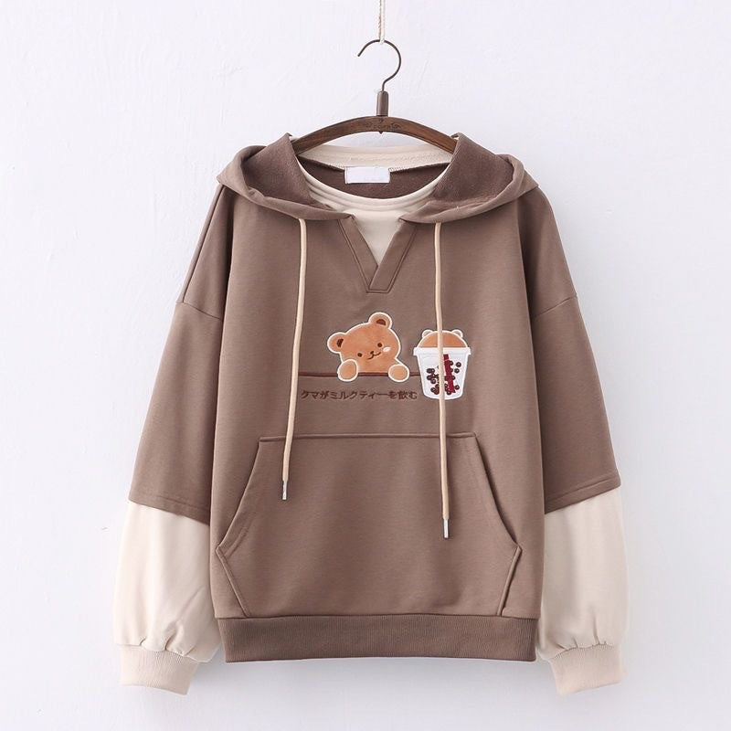 Cute Cartoon Hooded Sweatshirt for Couples with Patchwork Design