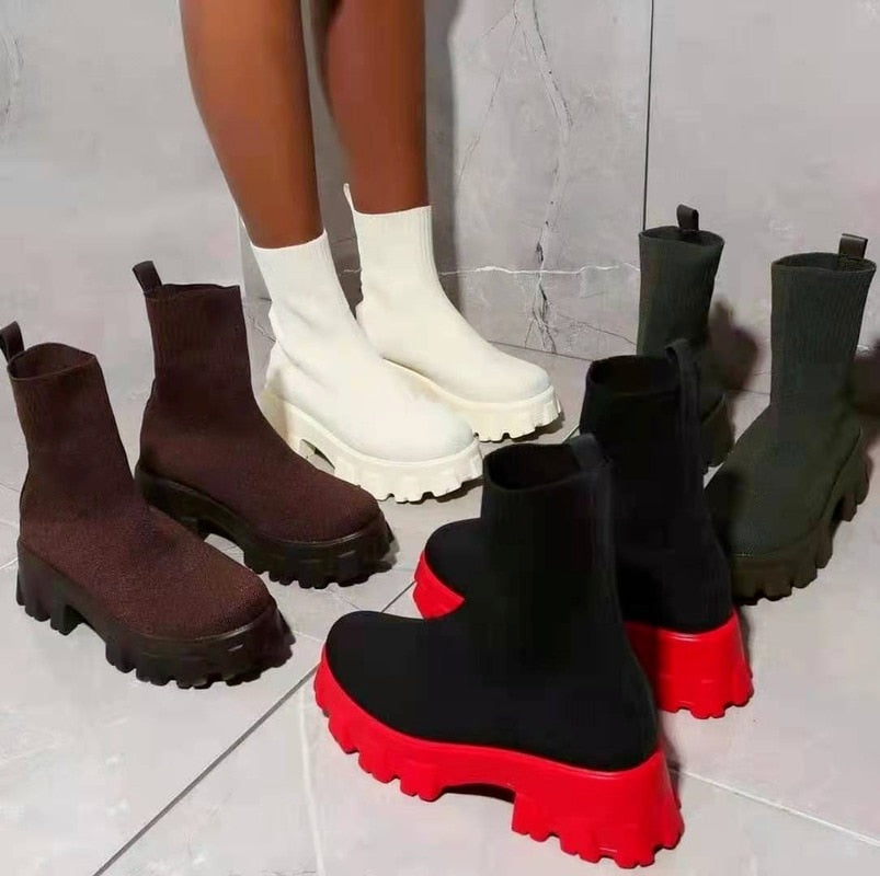 Thick-Soled Casual Couple Shoes for Women – Large Size Short Boots in Knitted Design