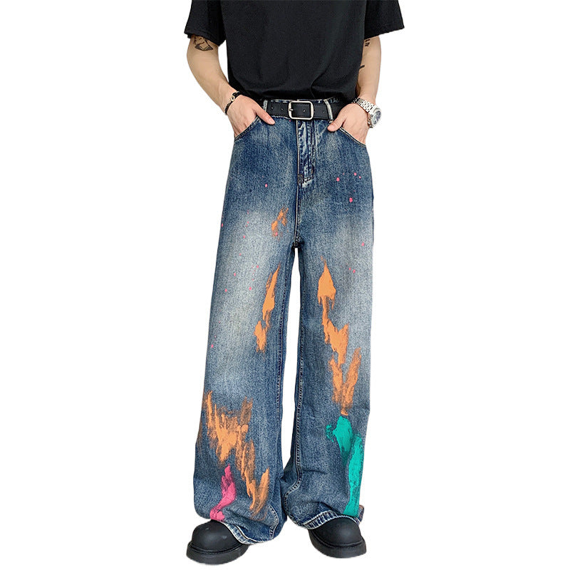 Painted Denim Wide Leg Pants for Men